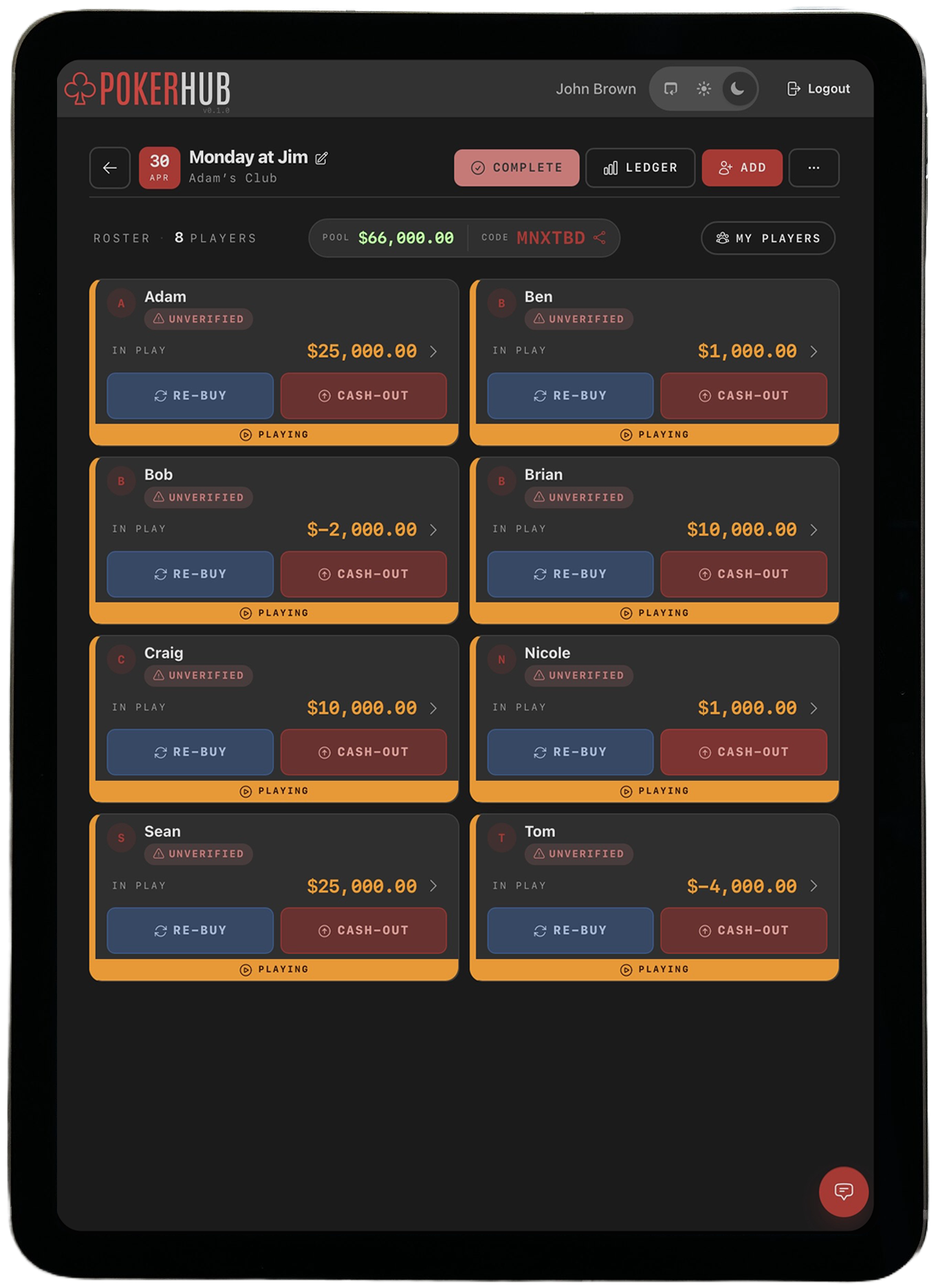 PokerHub dealer app on iPad