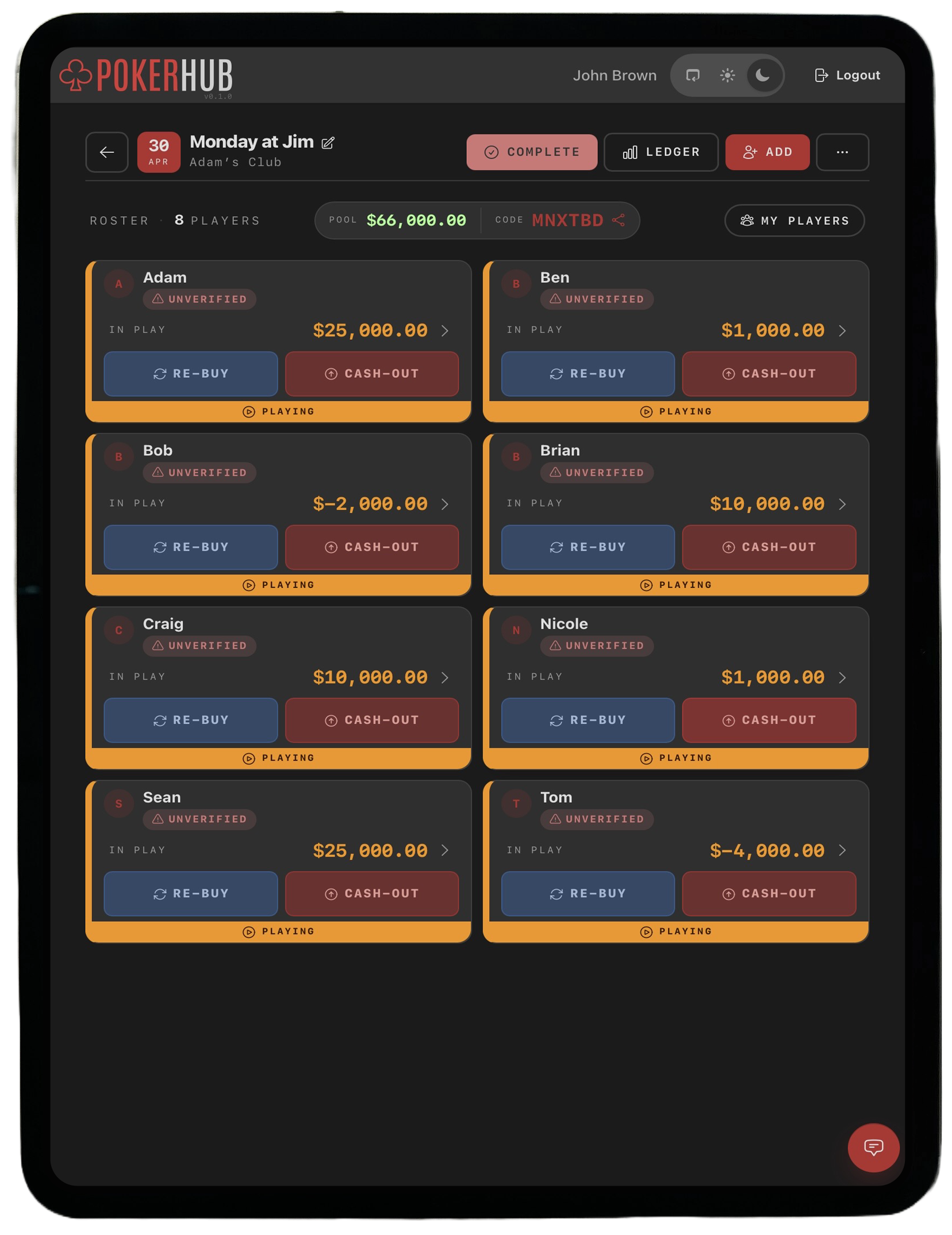 PokerHub in-game grid