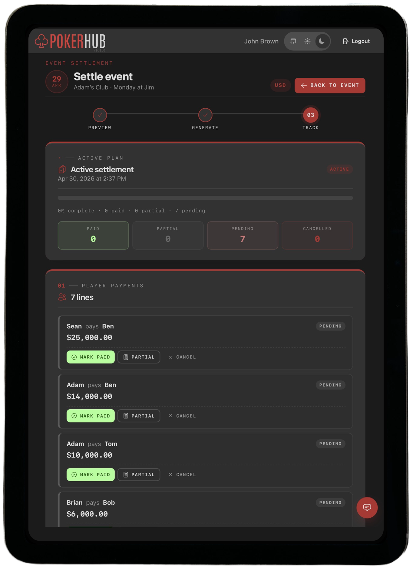 PokerHub settle event screen
