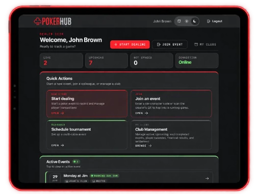 PokerHub dashboard on iPad with quick actions to start dealing, join an event, schedule a tournament or manage a club