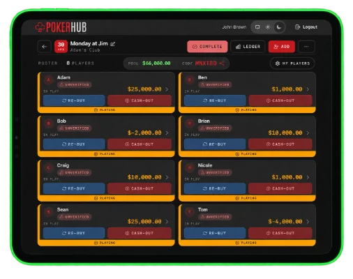 PokerHub game screen on iPad listing each player's balance with re-buy and cash-out buttons