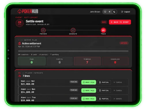PokerHub settle event screen tracking which player payments are paid, partial or pending